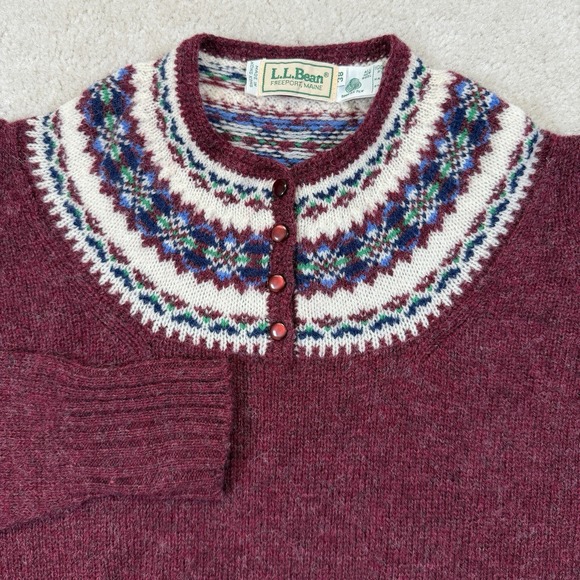 L.L. Bean Sweaters - Vtg LL Bean 100% Wool Nordic Fair Isle Henley Sweater Womens Small/38 Maroon